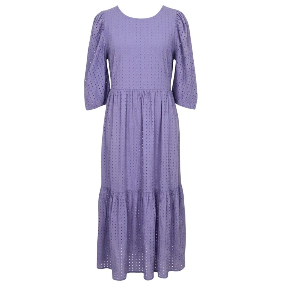 A New Day Womens XL Purple Eyelet Midi Dress Puff Sleeve Tiered Cottagecore